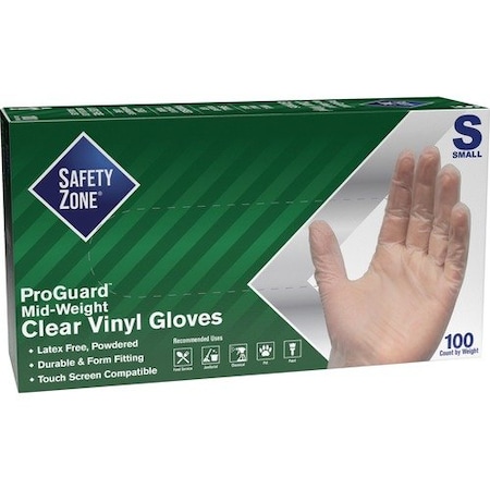The Safety Zone GVDR-1, Disposable Gloves, 3.2 mil Palm, Vinyl, Powdered, S, 100 PK, Clear SZNGVDRSM1